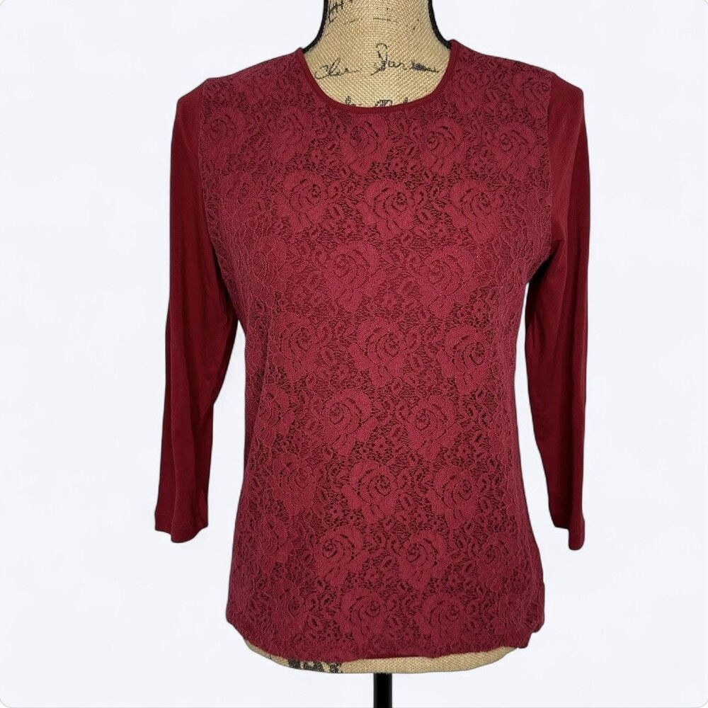 Chaps Floral Lace Overlay Top Sz M Maroon 3/4 Sleeve Dark Romantic Casual Office